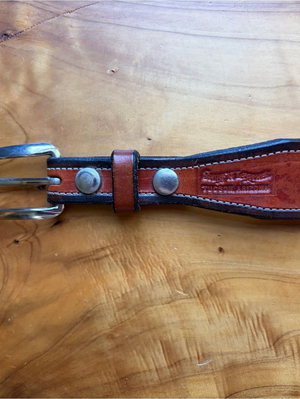 Two-Tone Brown Leather Belt with Contrast Black Edging